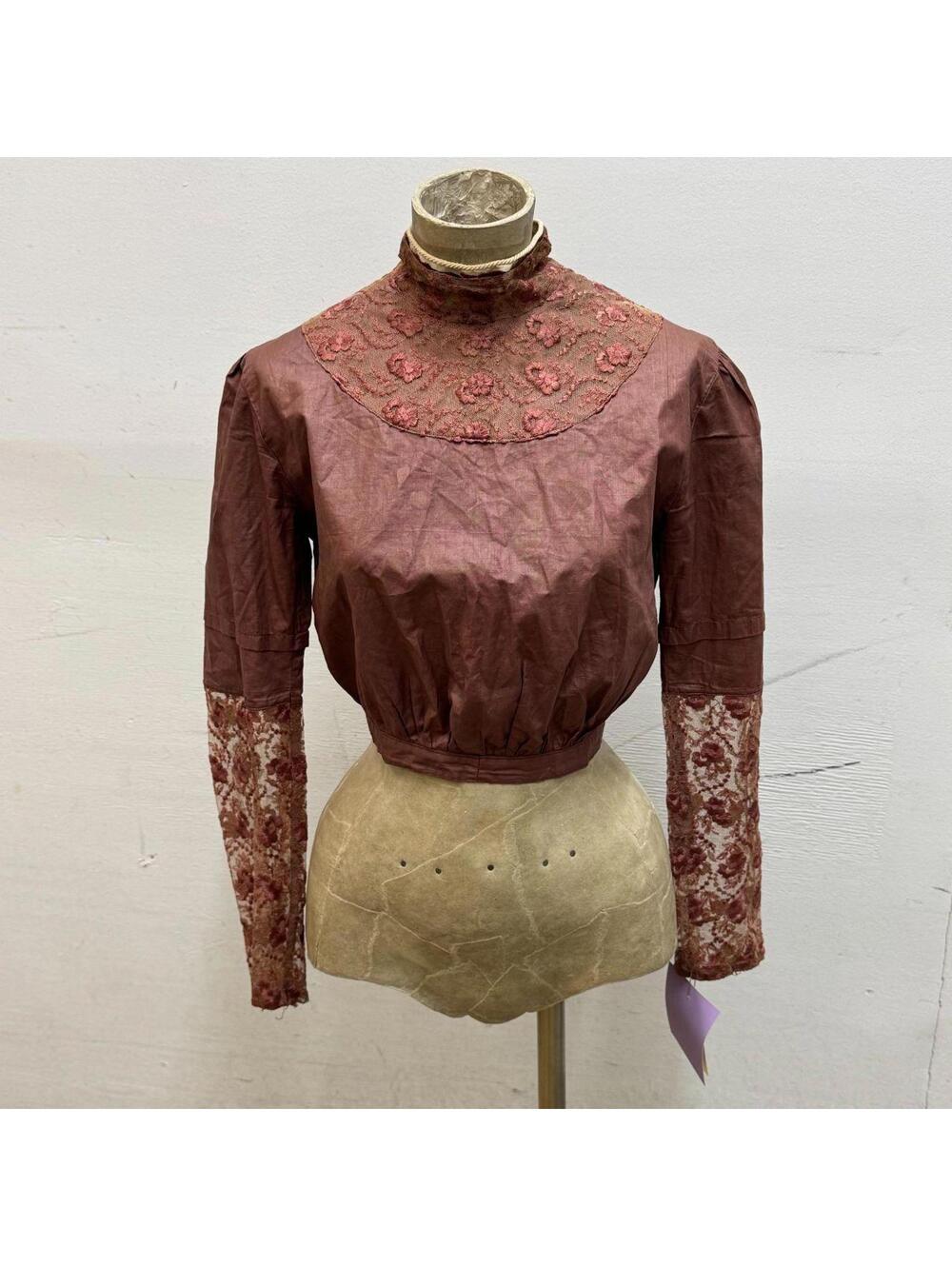 Brick Red Antique Victorian Lace-Panel Bodice XS